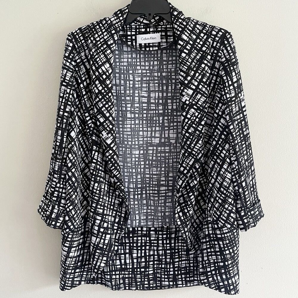 Calvin Klein Blazer Jacket Size 14 Women Open Front Black White Check 3/4 Sleeve